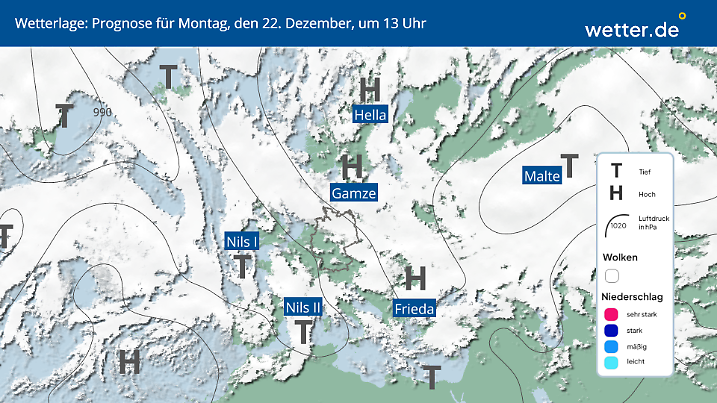Wetterlage für Montag, 22. Dezember 2025, in Deutschland