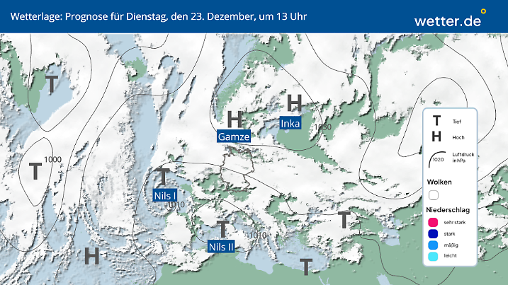 Kalte Luft aus Osten setzt sich durch: Hochdruck über Skandinavien, mehr Ostwind und winterliche Temperaturen in Deutschland.