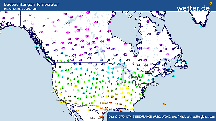 Temperaturen in Kanada und den USA am frühen Dienstagmorgen