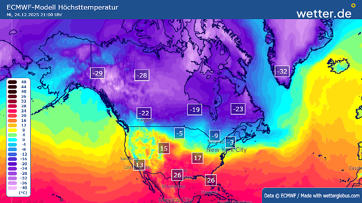 Höchstwerte in Nordamerika an Heiligabend