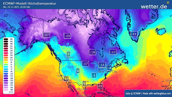 Temperaturen Nordamerika am 29.12.2025