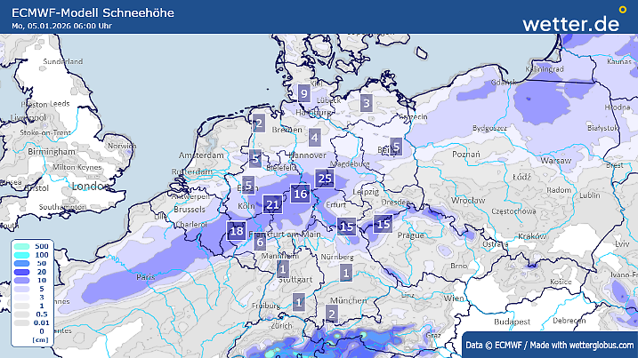 Schneehöhen am Montagmorgen, 05.01.2026