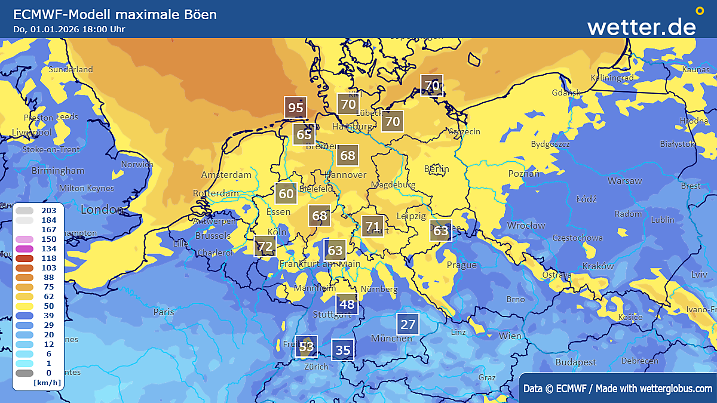 In der gesamten Nordhälfte verläuft der Jahreswechsel ruppig.