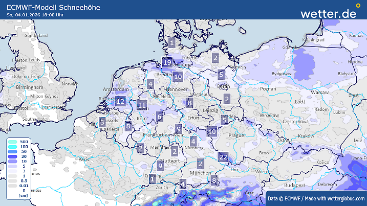 Schneehöhen am Sonntag nach dem ECMWF-Wettermodell: Im Süden (Schwarzwald, Schwäbische Alb, Alpen) ist es länger trocken - da kommt nicht viel Schnee zusammen.