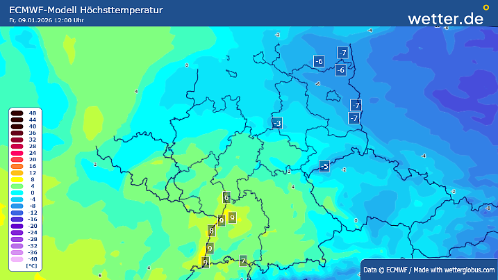 Die erwarteten Temperaturen am Freitag nach dem ECMWF-Modell. Aus den -6 Grad im Nordosten werden wohl eher um -3 Grad.