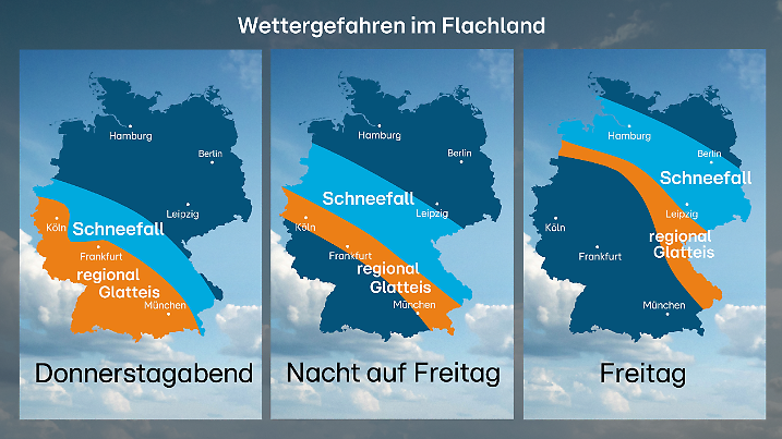 Wetterfahrplan Donnerstagabend bis Freitag für das Flachland. In den Hochlagen schneit es am Freitag auch in der Mitte und teilweise im Süden.