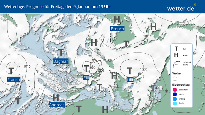 Tief Elli zieht mitten durch Deutschland und spaltet das Land in warm mit Sturm und kalt mit Sturm.