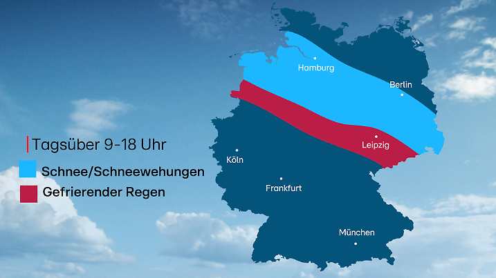 Im Tagesverlauf kommen Schnee und Glätte etwas weiter nordostwärts voran.