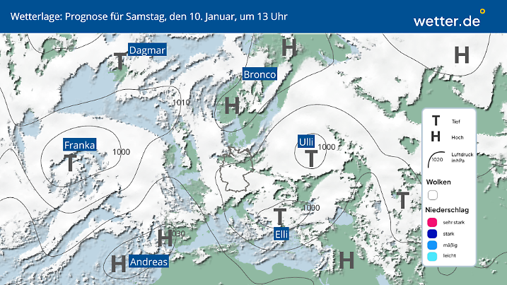 Von Norden breitet sich Hoch Bronco immer weiter zu uns aus.