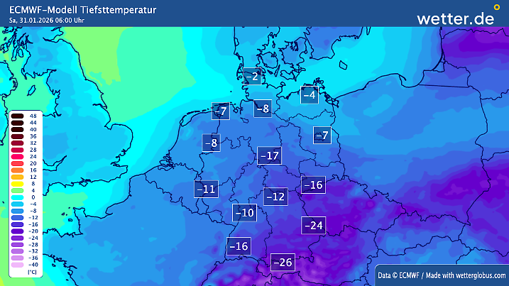 Tiefstwerte für die Nacht zum 1. Februar 2026