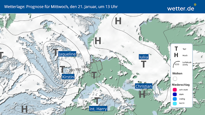 Deutschland zwischen den Stühlen: Tiefs im Westen und Süden, verbreitet hoher Luftdruck im Osten und Norden. 
