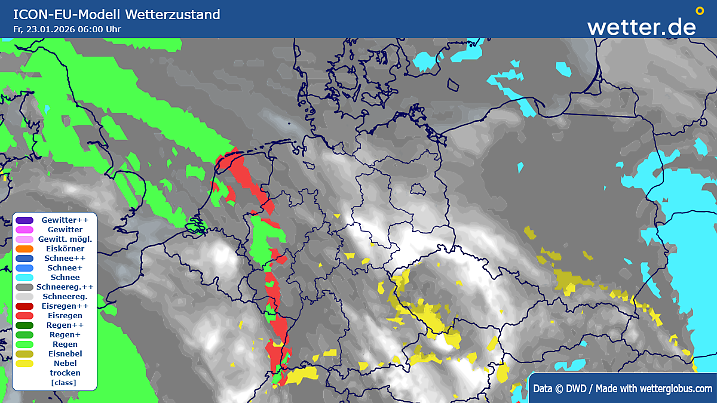 Wetter am Freitag, 23. Januar im ICON-Modell: Nur ein wenig Regen der schwachen Front im Westen könnte am Freitag zum Berufsverkehr die nächste Glatteislage auslösen.