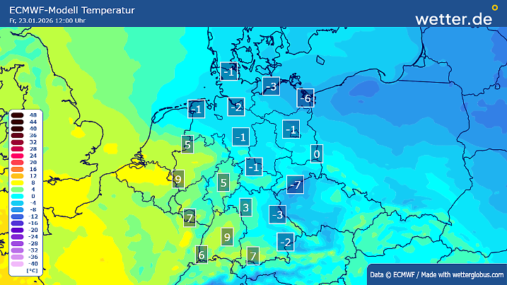 Temperaturen am Mittag den 23. Januar 2026