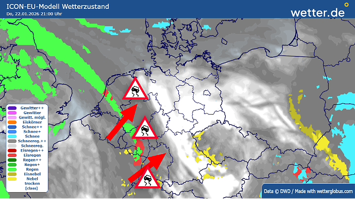 Regional gefährlich glatte Wetterlage ab Donnerstagabend bis zum Wochenende - hier der späte Donnerstagabend mit gefrierendem Regen im Westen Deutschlands.
