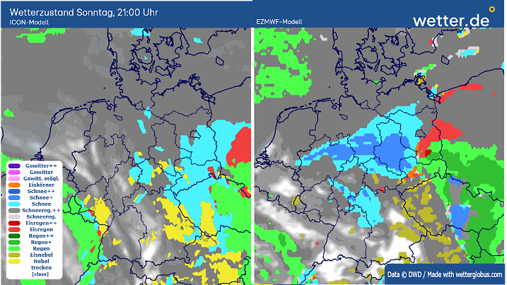 Deutsches und Europäisches Wettermodell gehen schon Sonntagabend hinsichtlich Schneefälle (blau) deutlich auseinander und lassen teilweise Eisregen (rot) im Osten zu.
