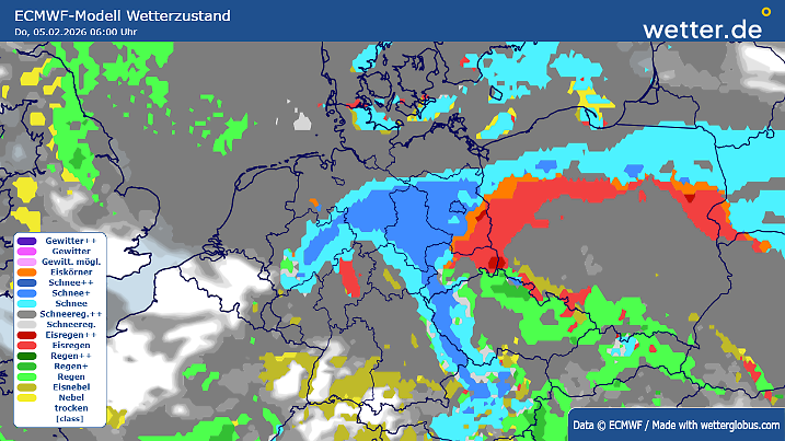 Wetterberechnung des EZMWF für den 5. Februar 2026: Glatteis (rot) am frühen Donnerstagmorgen im Osten und Schnee besonders über der nördlichen Mitte (blau). Beides zieht nordwärts.