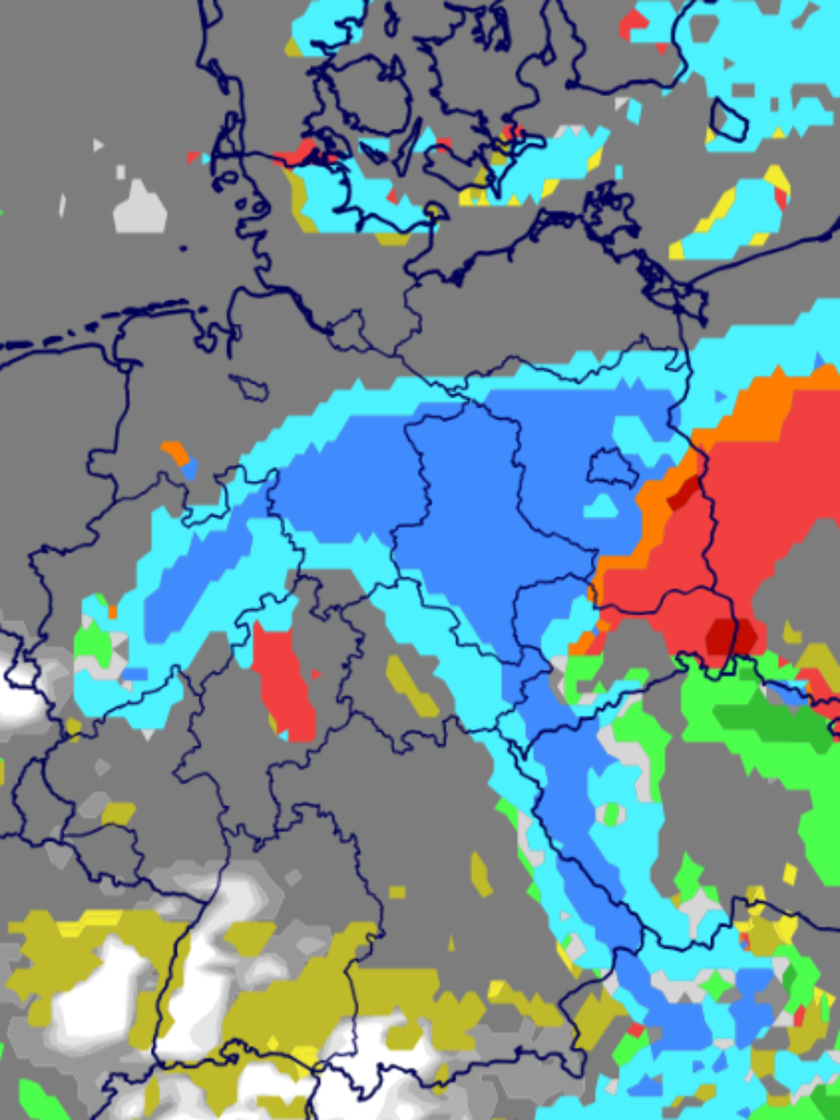 Wetterberechnung des EZMWF für den 5. Februar 2026: Glatteis (rot) am frühen Donnerstagmorgen im Osten und Schnee besonders über der nördlichen Mitte (blau). Beides zieht nordwärts.