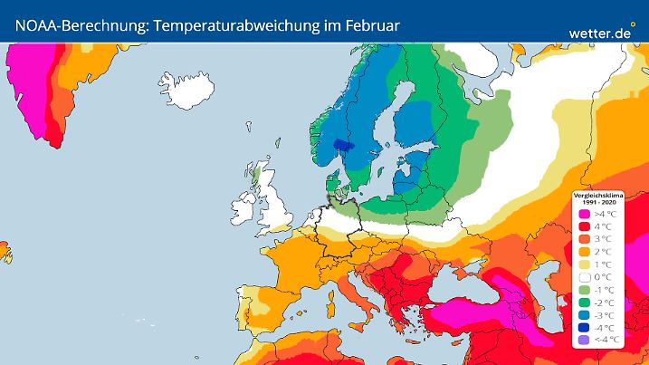 Die Amerikanische NOAA berechnet den gesamten Februar im Norden Europas zu kalt - teils sogar extrem kalt. Auch der Norden und Nordosten Deutschlands sind nach diesen Berechnungen weiterhin in der Kälte. Ähnlich wie aktuell wäre der Südwesten auf der deutlich milderen Seite.