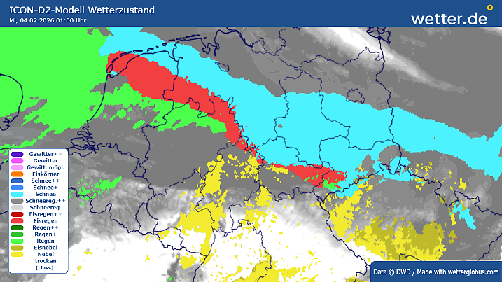 Einmal von Nordwest nach Ost: Erst Schnee (blau), dann teils gefrierender Regen (rot) in der Nacht zu Mittwoch! Das Ganze zieht im Laufe der Nacht nach Nord.