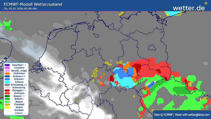 ECMWF: Berechnungen des europäischen Wettermodells sehen Mitternacht am Donnerstag gefrierenden Regen, der sich im Osten ausbreitet und nach Westen hin in Schnee übergeht. Andere Modelle ziehen diese Zone bis nach Nordrhein-Westfalen.