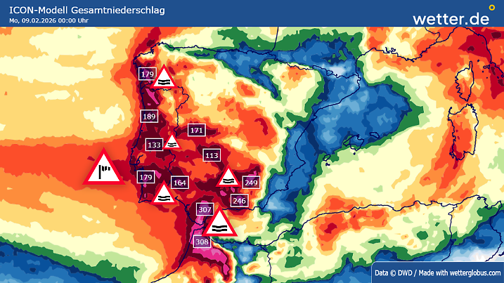 Regenberechnungen vom 03.02. bis einschließlich 08.02.2026 für den Südwesten Europas: In Spitzen bis einschließlich Sonntag gibt es um 300 Liter. Manche Wettermodelle gehen sogar auf Werte um 500 Liter, besonders um die Meerenge von Gibraltar herum. 