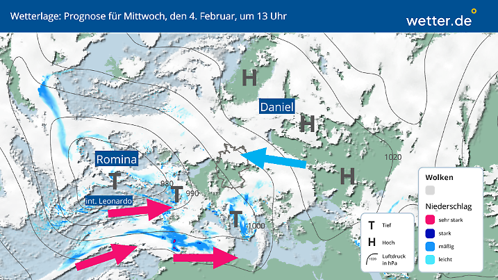 So presst das Tief Romina, in Südwesteuropa Leonardo genannt, feuchtmilde Luft gegen die Iberische Halbeinsel und hinein in den Mittelmeerraum.