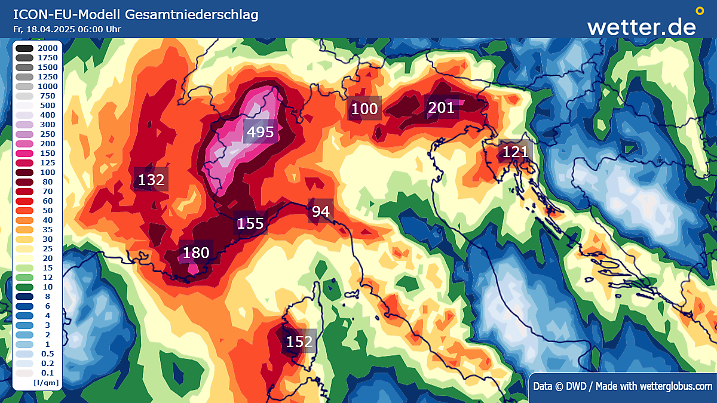 Extreme Regenmengen im 500 Liter innerhalb von 3 Tagen im Piemont möglich!