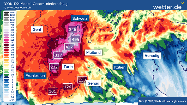 Regenmengen im Piemont und angrenzenden Regionen bis Freitagmorgen
