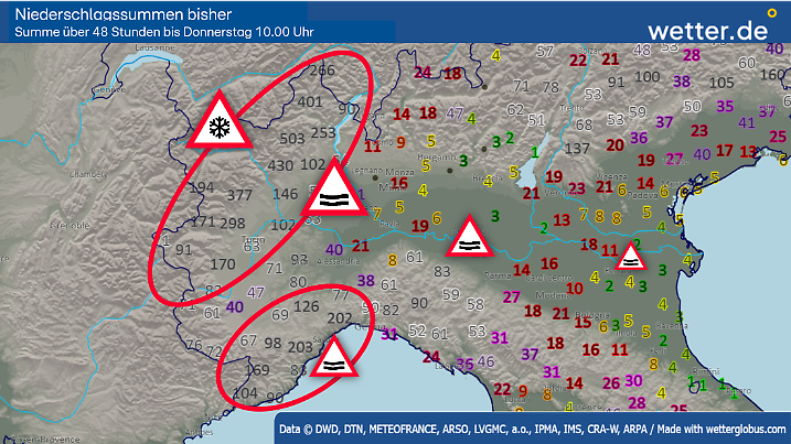Niederschlagssumme in 48 Stunden in Italien bis Donnerstag 10.00 Uhr