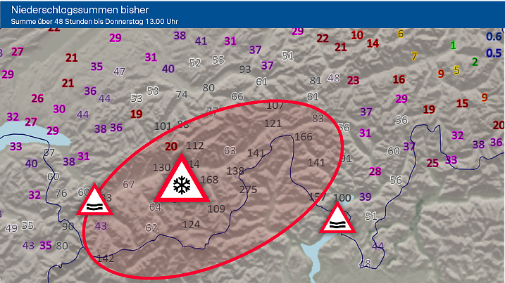 Niederschlagssummen Schweiz in 48 Stunden bis Donnerstag 13 Uhr