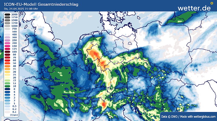 Prognose: Diese Grafik zeigt, wo in der Tendenz größere Regenmengen bis Donnerstagabend zusammenkommen können. Nach dieser Berechnung würden die Werte etwa bis zu 50 Liter Regen pro Quadratmeter erreichen. Nach anderen Berechnungen kann punktuell aber auch deutlich mehr Regen fallen