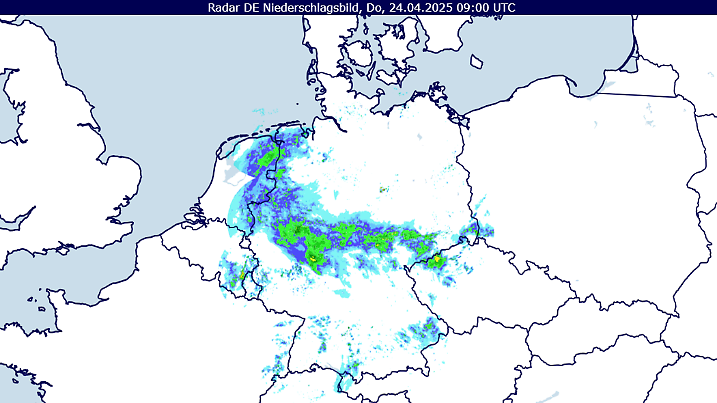 Regenradar um 11 Uhr: Die farbigen Markierungen zeigen, wo Regen fällt