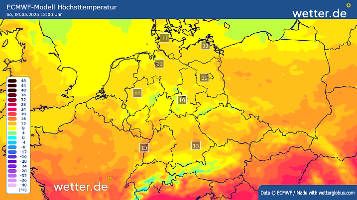 Die Höchstwerte am Sonntagmittag, 04.05.2025