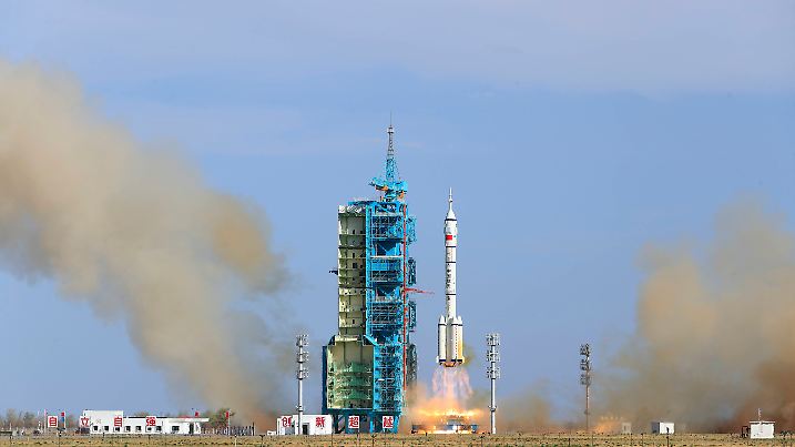 JIUQUAN, CHINA - APRIL 24: The Shenzhou-20 crewed spaceship blasts off from the Jiuquan Satellite Launch Center, atop th