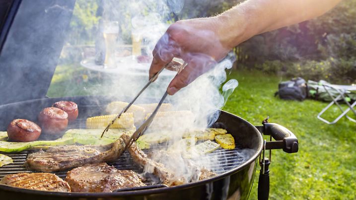 DEU Deutschland MĂĽnsingen Baden WĂĽrttemberg 24 08 2019 Grillfest im Garten Auf dem Rost liegen