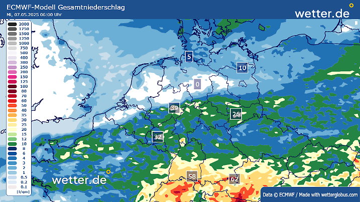 Die Regenmengen bis Dienstagabend