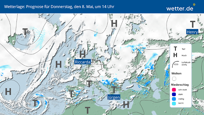 Die Wetterlage am Donnerstag, 08.05.2025 über Europa