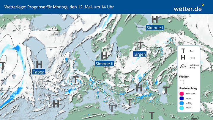 Bei uns ist Simone am Start, im Süden Europas tummeln sich dagegen wiederholt Unwetter-Tiefs