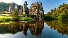 Famous rock formation Externsteine in the Teutoburg Forest near Paderborn in the state of North Rhine-Westphalia in Germany