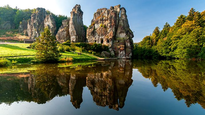 Famous rock formation Externsteine in the Teutoburg Forest near Paderborn in the state of North Rhine-Westphalia in Germany