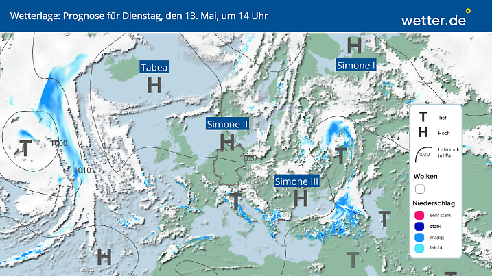 Die Wetterlage am Dienstagmittag über Europa
