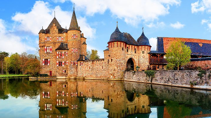 Eifel, Germany - November 02, 2020: Photo shows Satzvey Castle. It is a typical water castle. Built in the lowlands in the 19th century, while the high nobility built themselves high castles that were difficult to conquer.