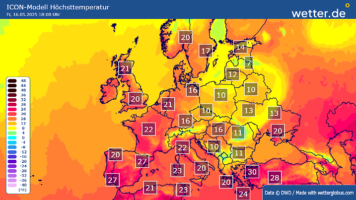 Höchstwerte am Freitag, 16. Mai in Europa