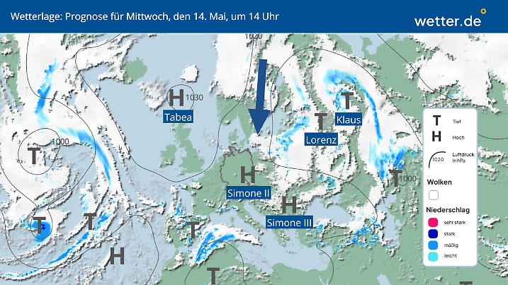 Wetterlage am Mittwoch, 14. Mai 2025
