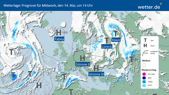 Das Hochdruckgebiet bleibt bis zur Wochenmitte wetterbestimmend, lediglich im Süden können die Alpen von schwachen Störungen gestreift werden.