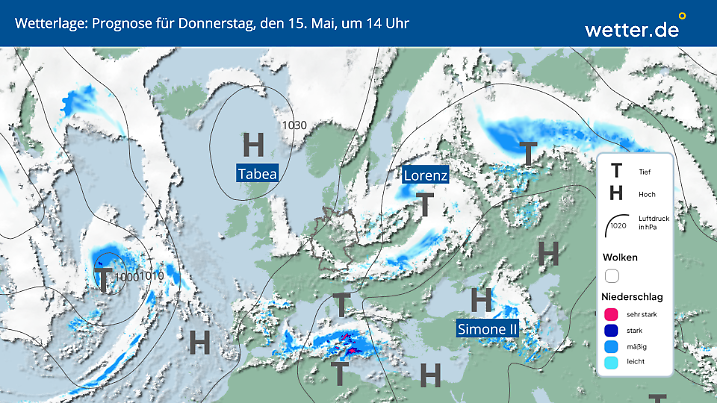 Ab Donnerstag sorgt das Tief Lorenz über Polen für wechselhaftes Wetter im Osten, während Westen und Süden unter Hochdruckeinfluss freundlich und meist trocken bleiben.