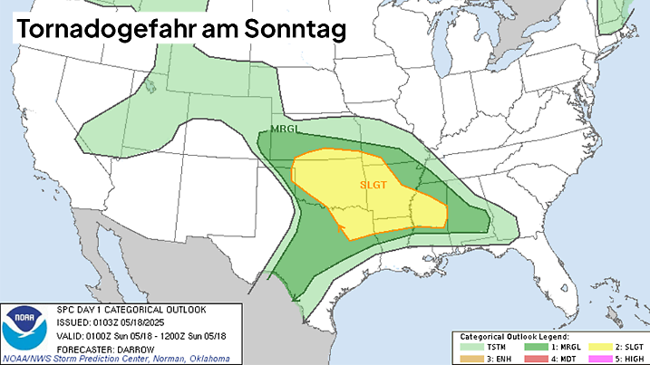 Auch am Sonntag ist die Tornadogefahr in den USA sehr hoch.