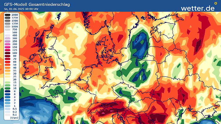 Die regensummen bis zum Monatsende in Europa