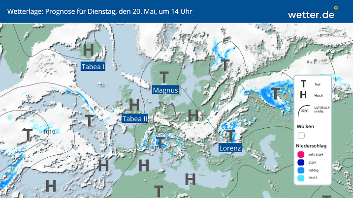 Karte von der Wetterlage mit Hochs und Tiefs in Deutschland