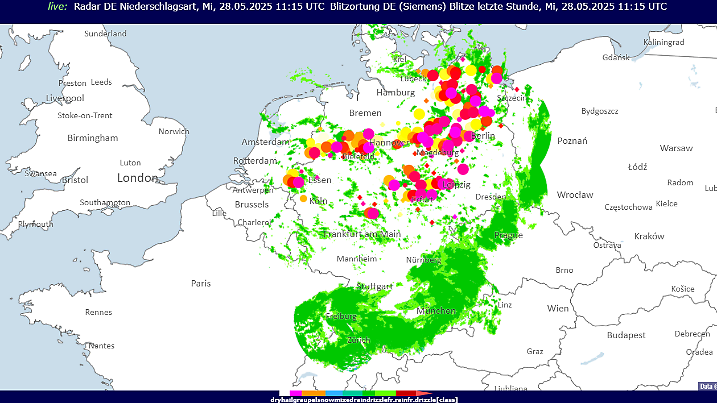Diese Karte zeigt die Wetterlage in Deutschland um 13:15 Uhr: Die farbigen Punkte bedeuten Gewitter, die grünen Flächen zeigen Regen an